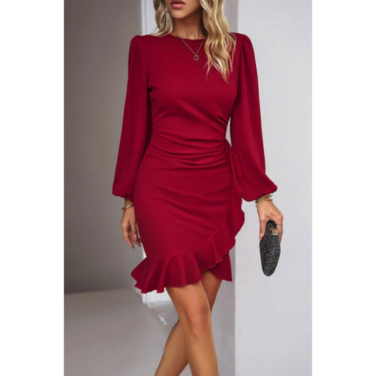 Ruched Balloon Sleeve Mini Dress - Red / L - DRESSES