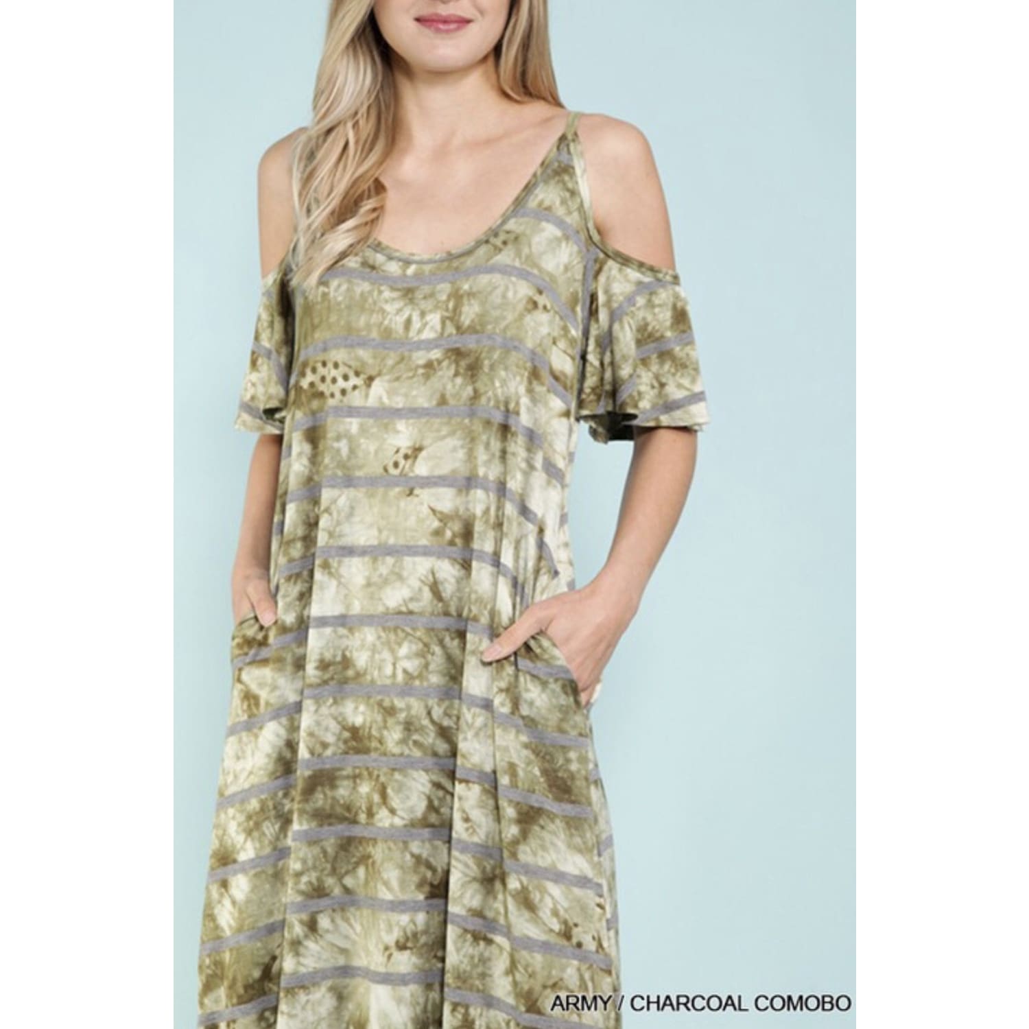Army Green with Charcoal Stripes Maxi Dress - DRESSES