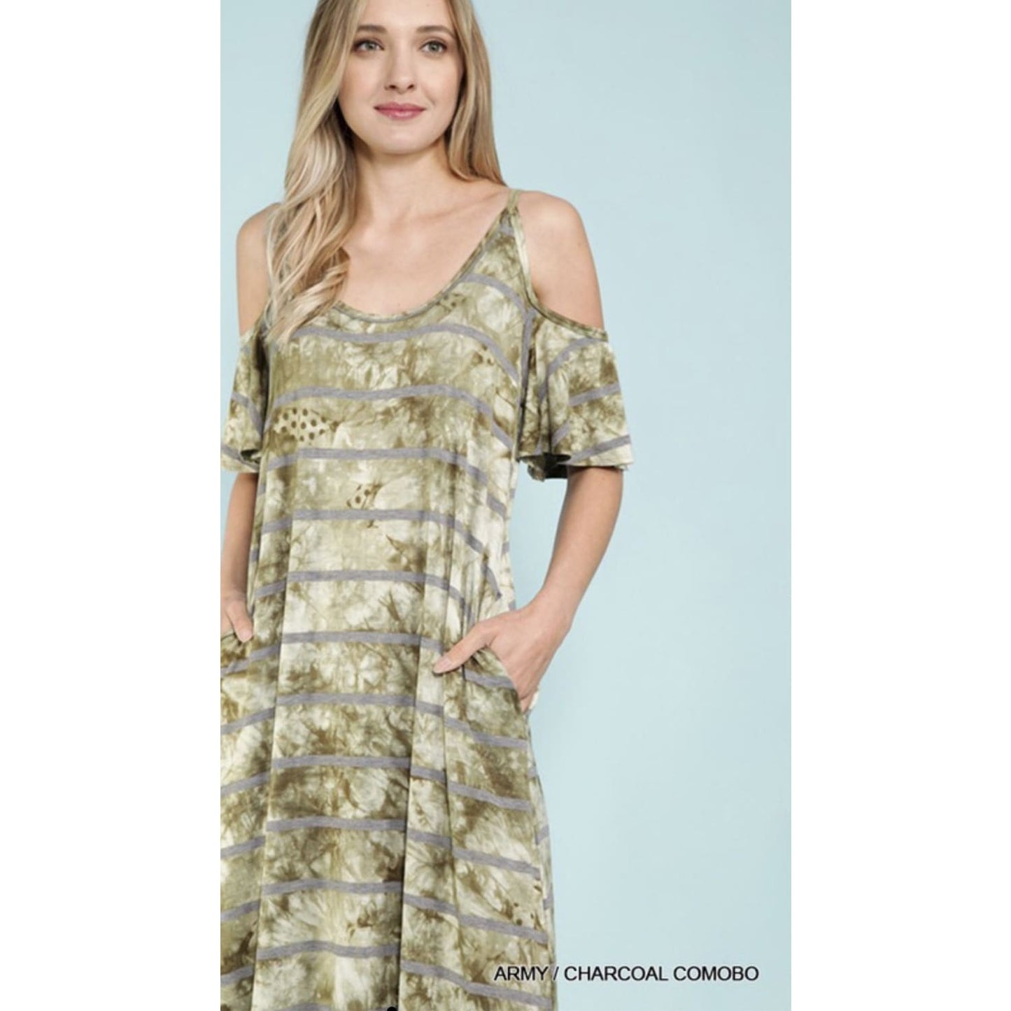 Army Green with Charcoal Stripes Maxi Dress - DRESSES