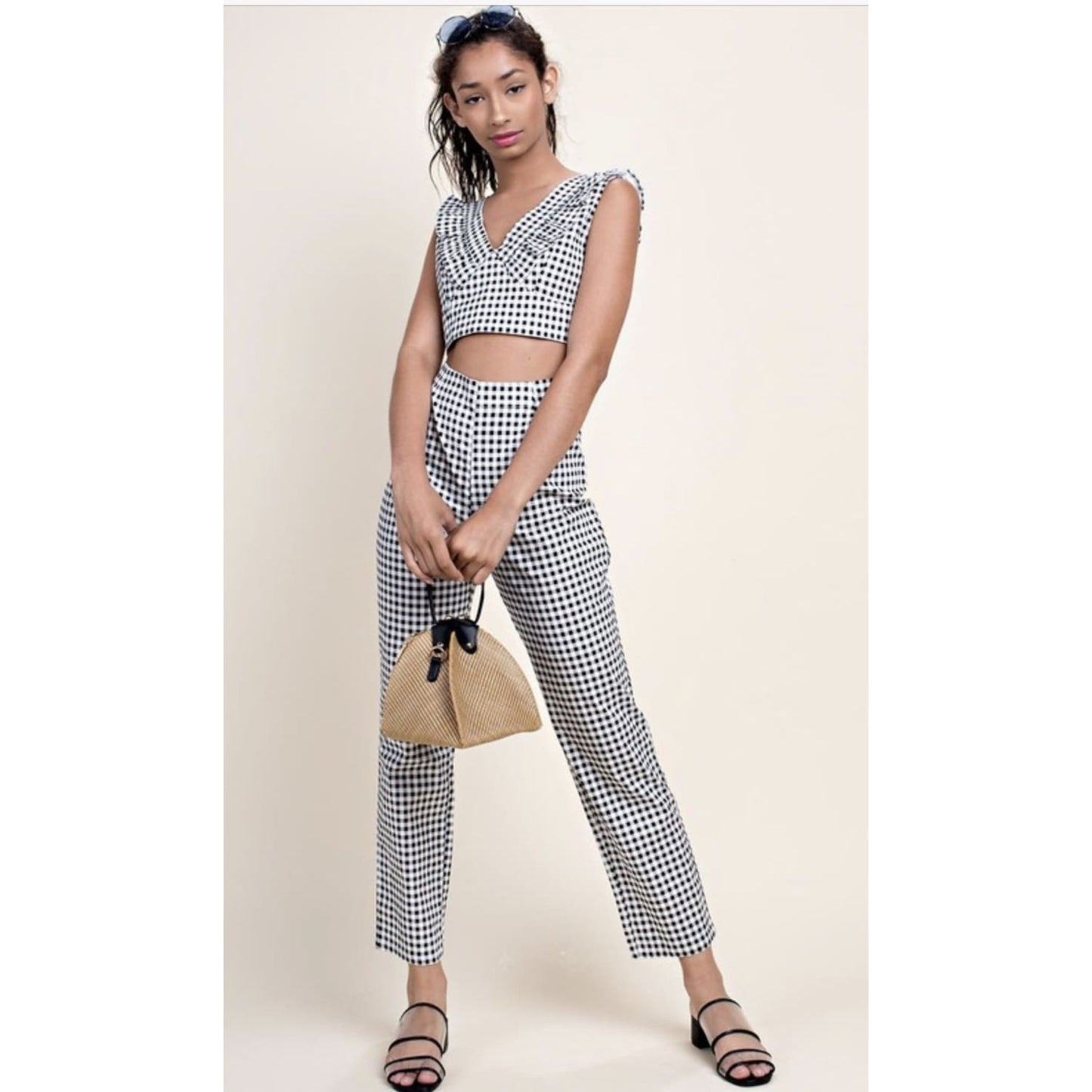 Black and White Ruffle Crop Top and Pants Set - Best YOU by HTS