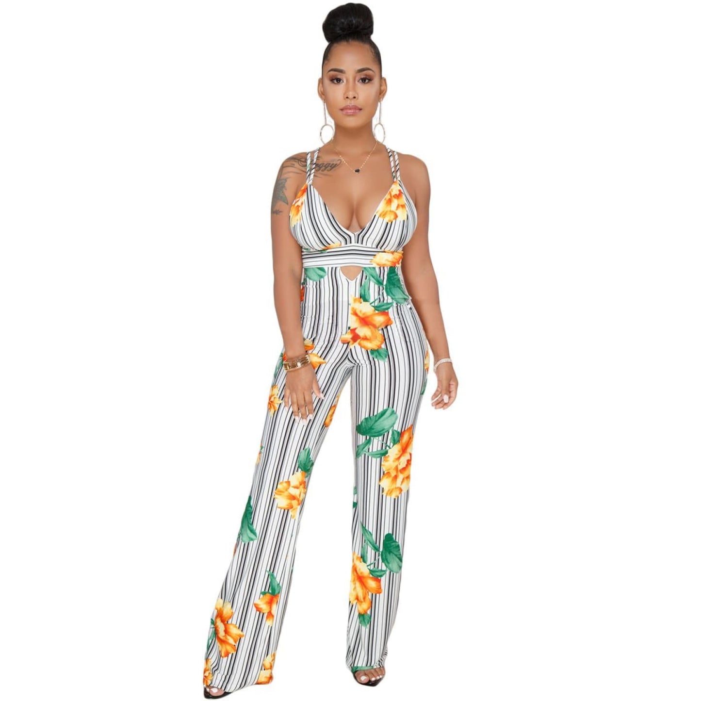 Black White Stripes Floral Jumpsuit - OUTFITS