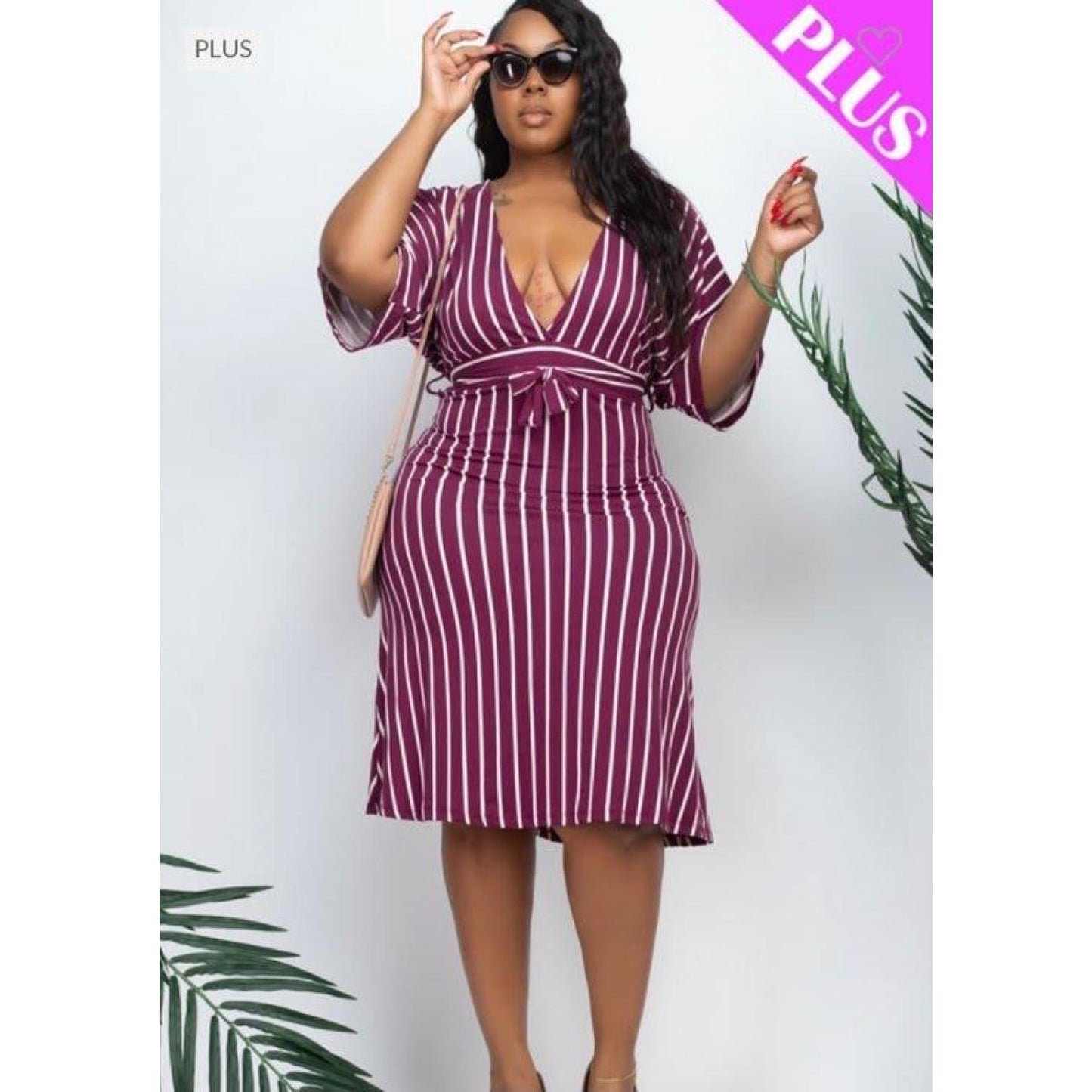 Burgundy Deep V Cut Plus Dress - DRESSES