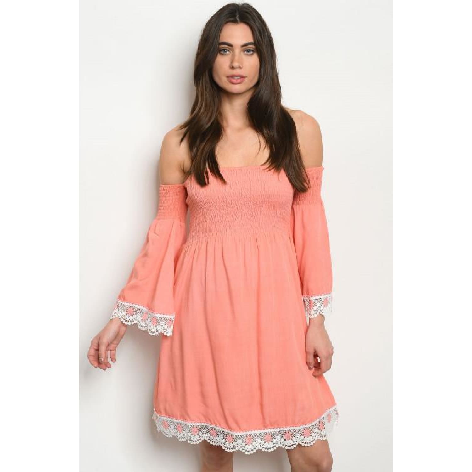Coral Off Shoulder Tunic Dress - DRESSES