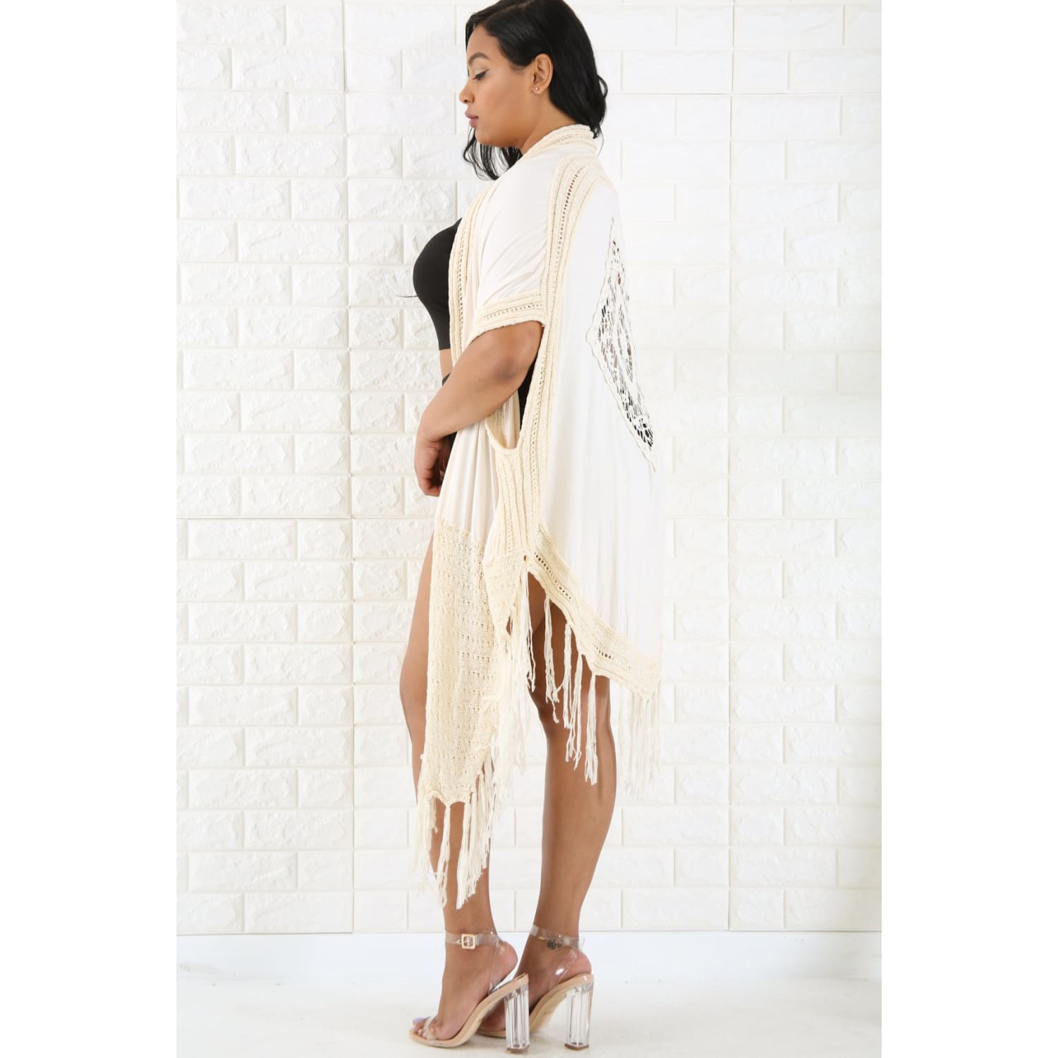 Crochet Trim Kimono - Cream - Accessories