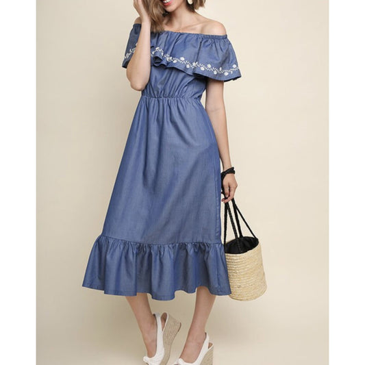 Denim Off Shoulder Ruffle Dress - Best YOU by HTS