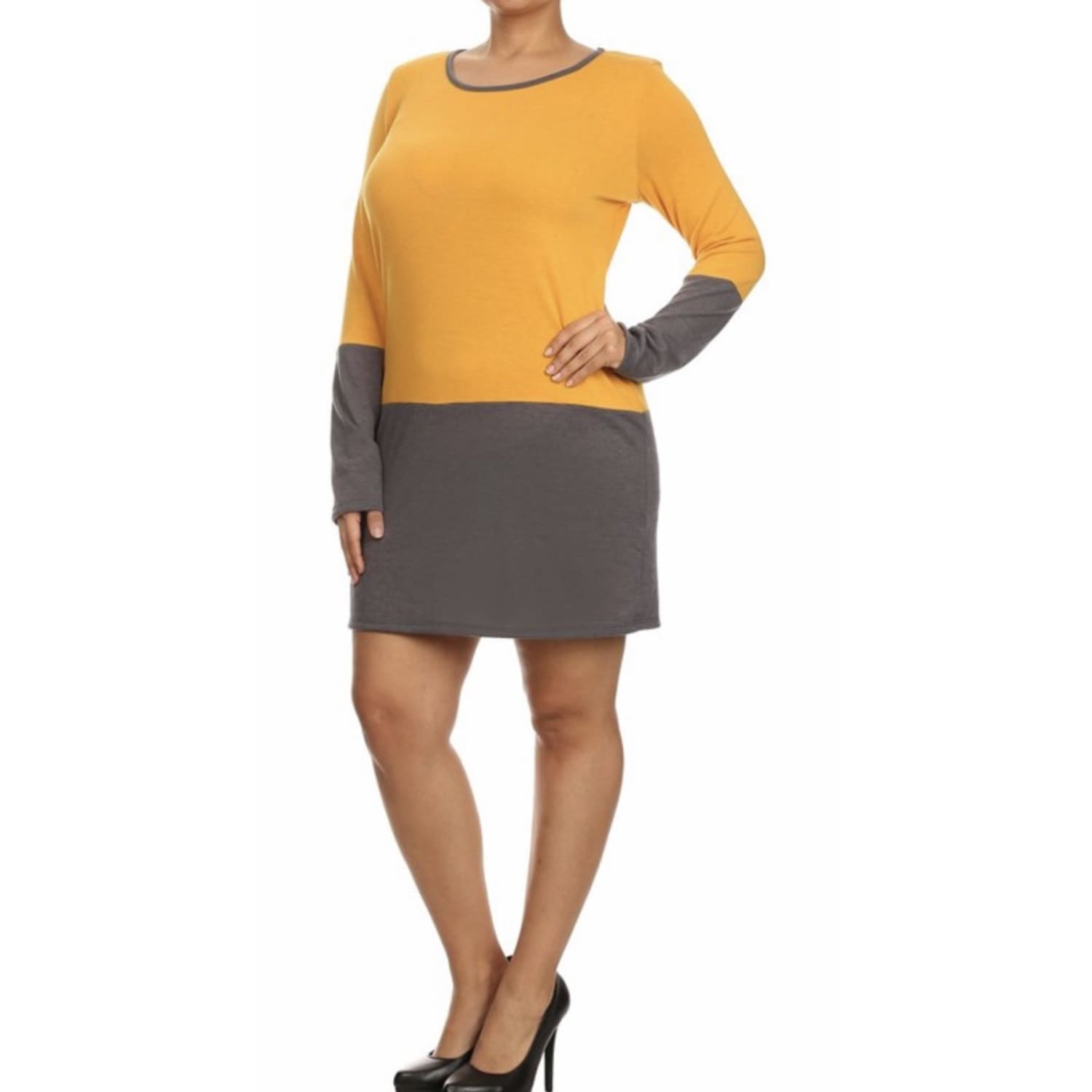 Mustard Color Block Sweater Dress Plus - DRESSES