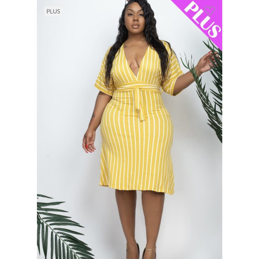 Mustard Deep V Cut Plus Dress - DRESSES