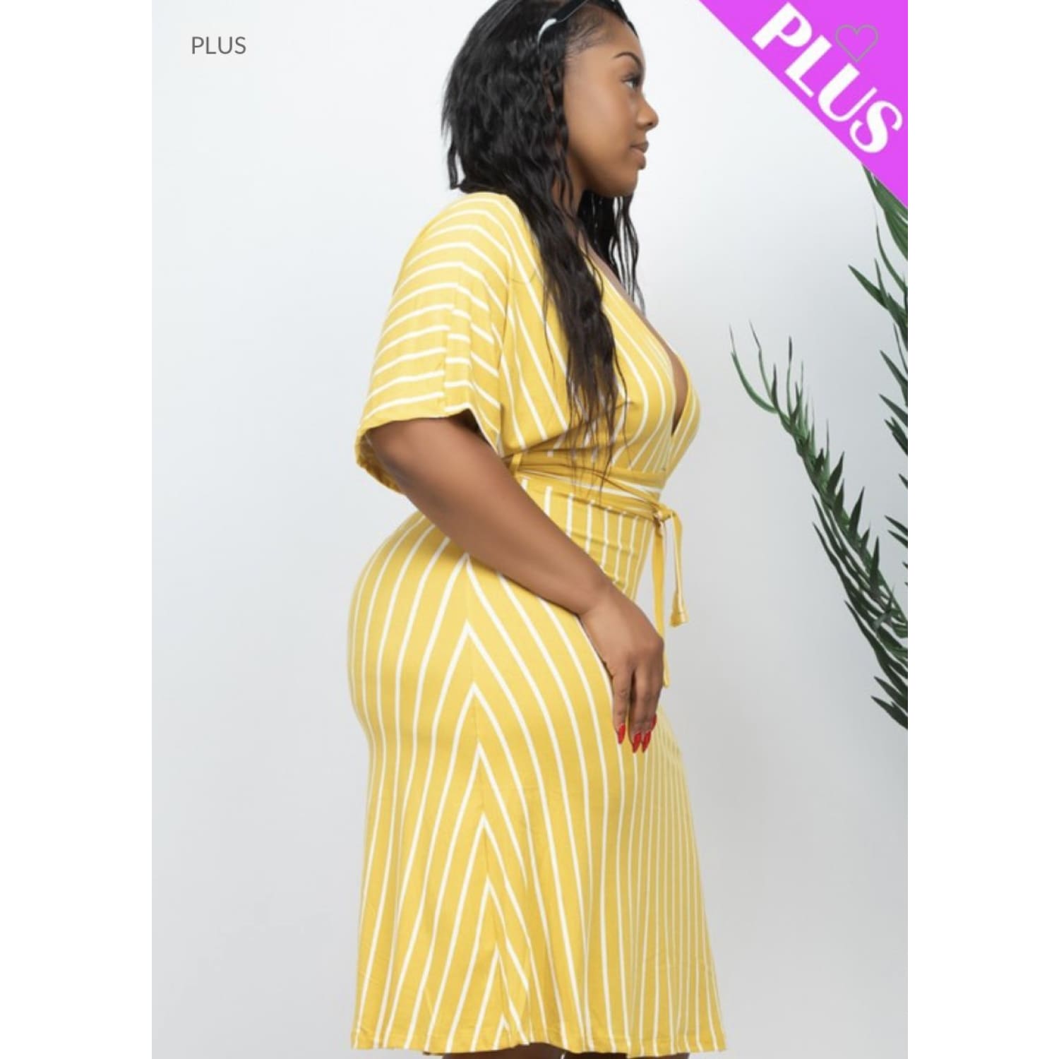 Mustard Deep V Cut Plus Dress - DRESSES
