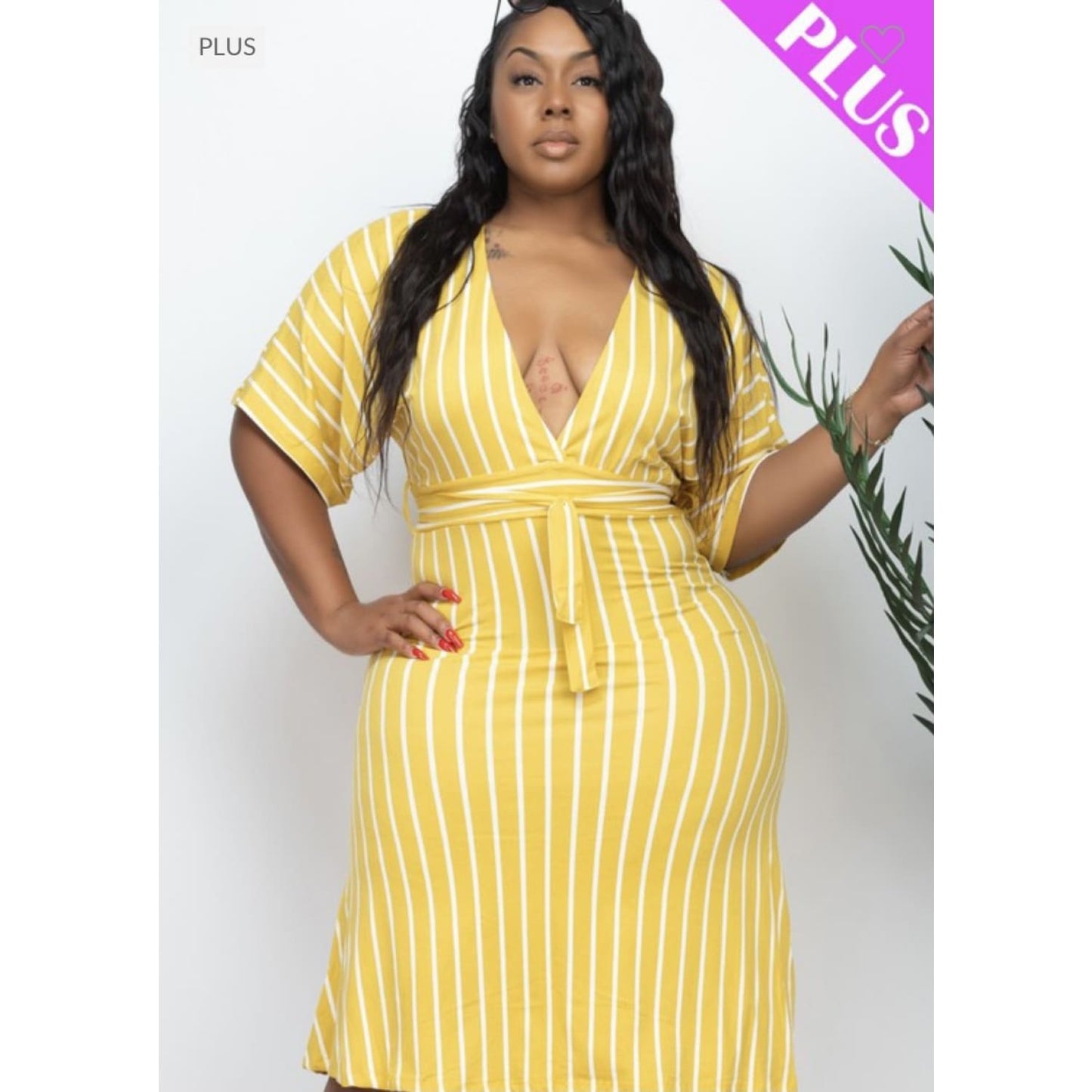 Mustard Deep V Cut Plus Dress - DRESSES