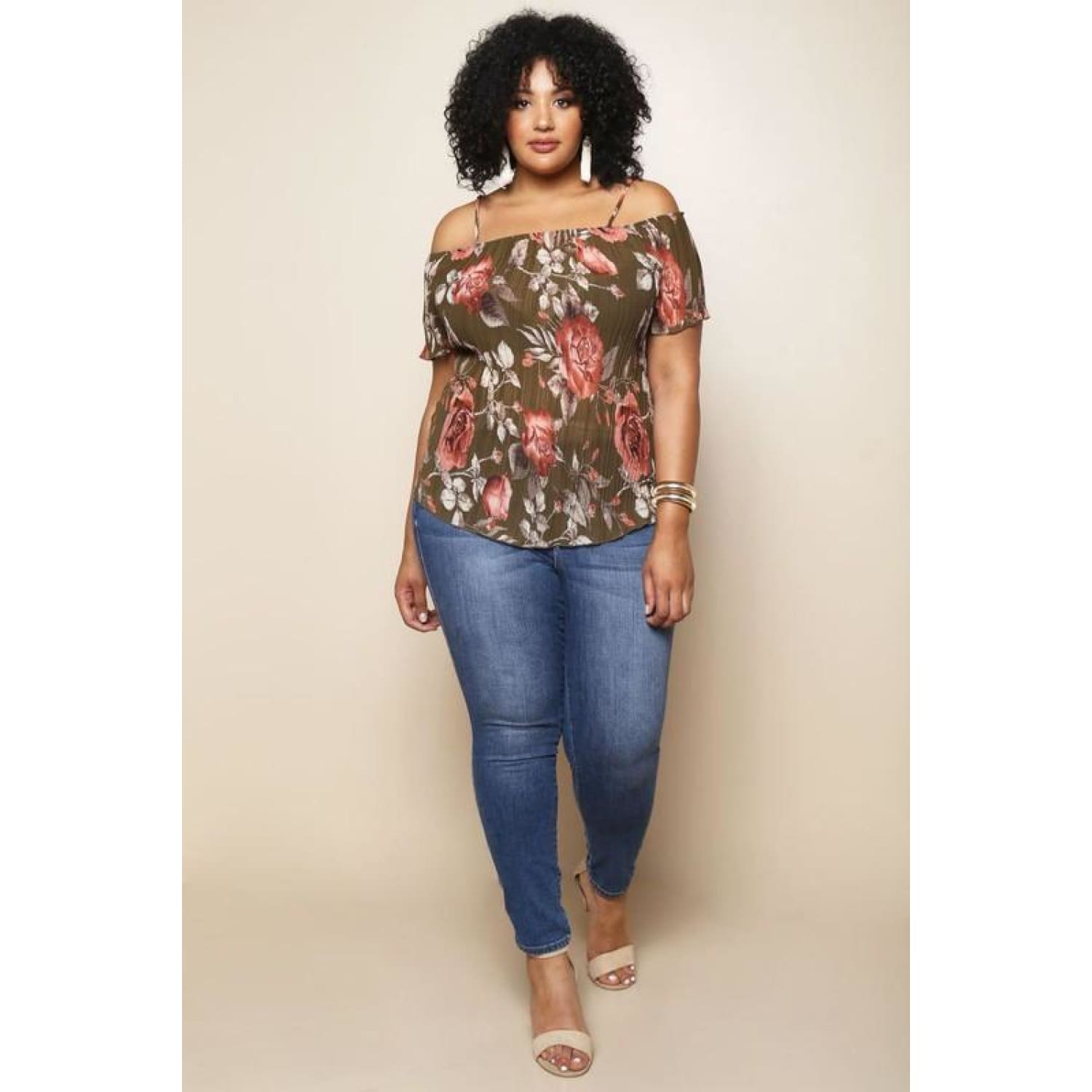 Olive Open Shoulder Plus Size Top - TOPS