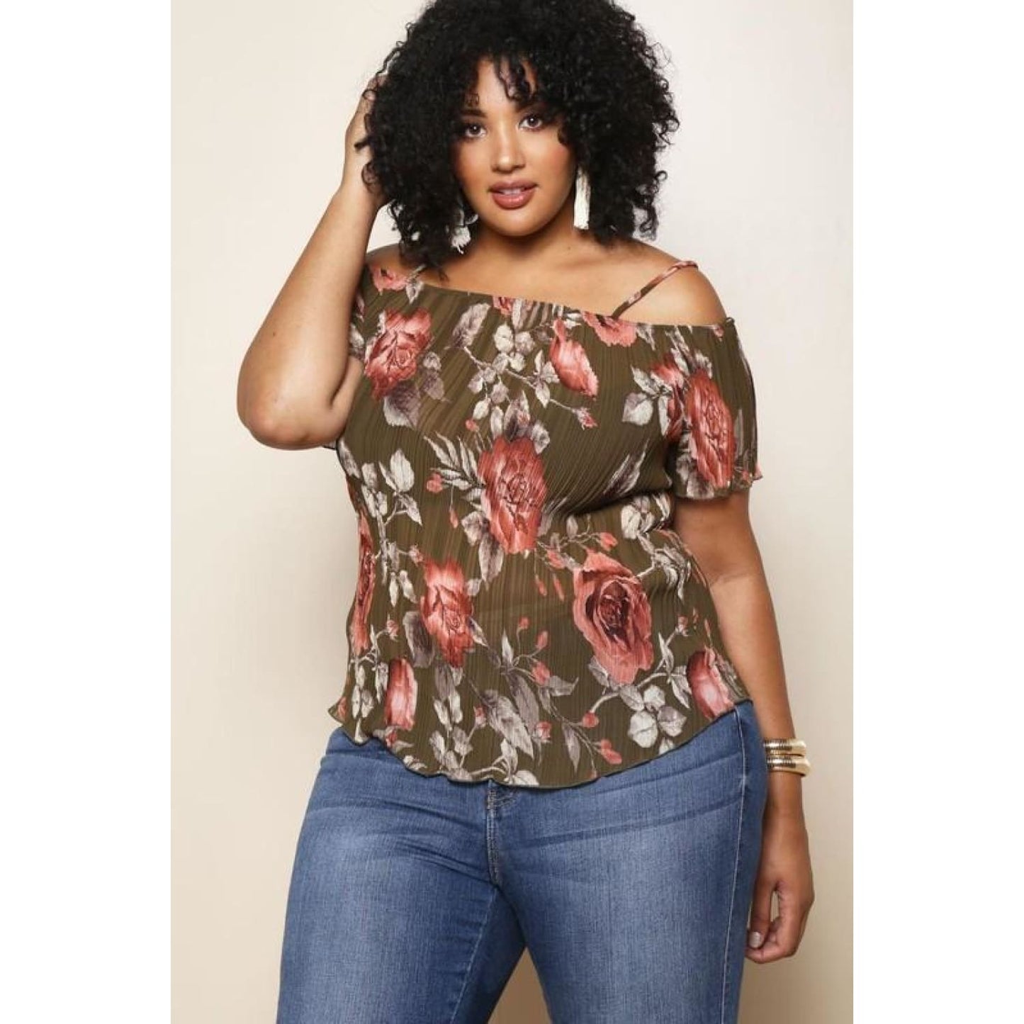 Olive Open Shoulder Plus Size Top - TOPS