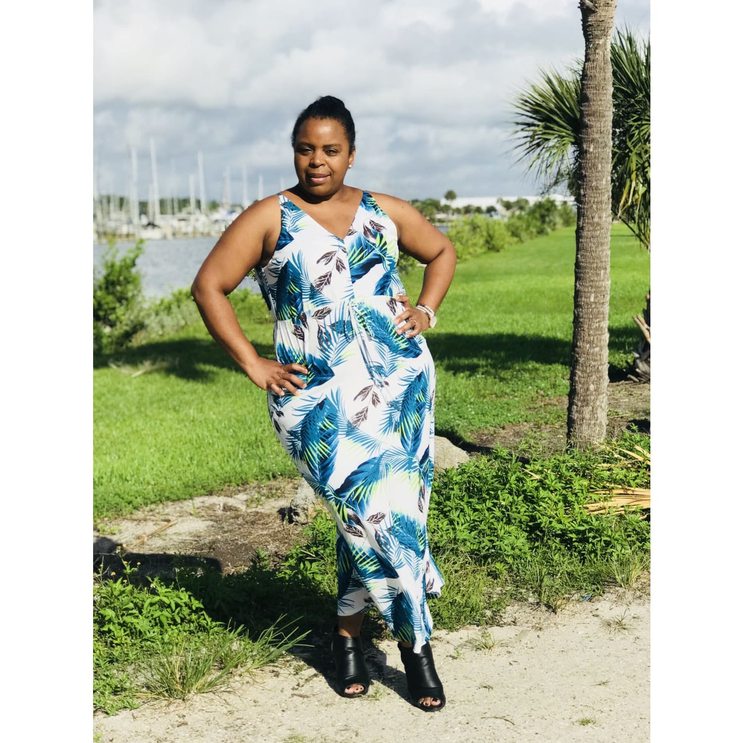 Turquoise Tropical Leaf Print Sexy V Neck Maxi Dress - Best YOU by HTS