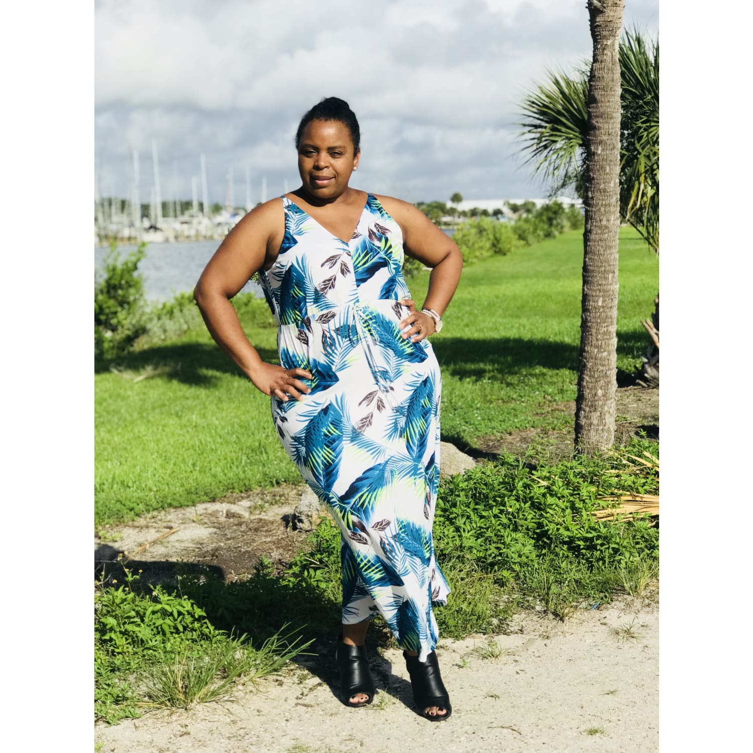Turquoise Tropical Leaf Print Sexy V Neck Maxi Dress - Best YOU by HTS