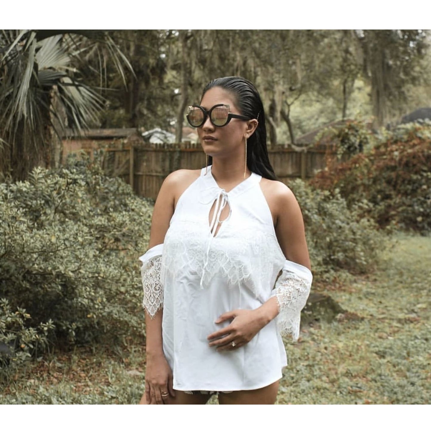 White Lace Detail Oversleeve Tank Top - TOPS