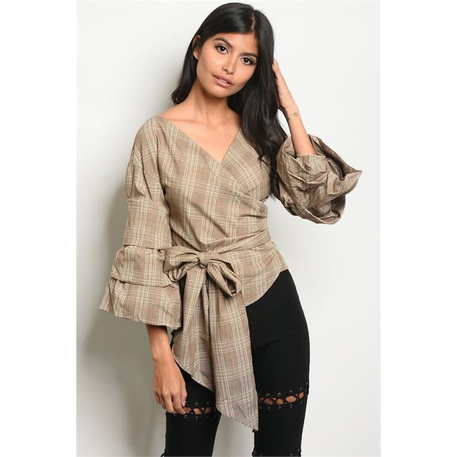 Wrap Blouse with Bow- Taupe Checkered - Best YOU by HTS