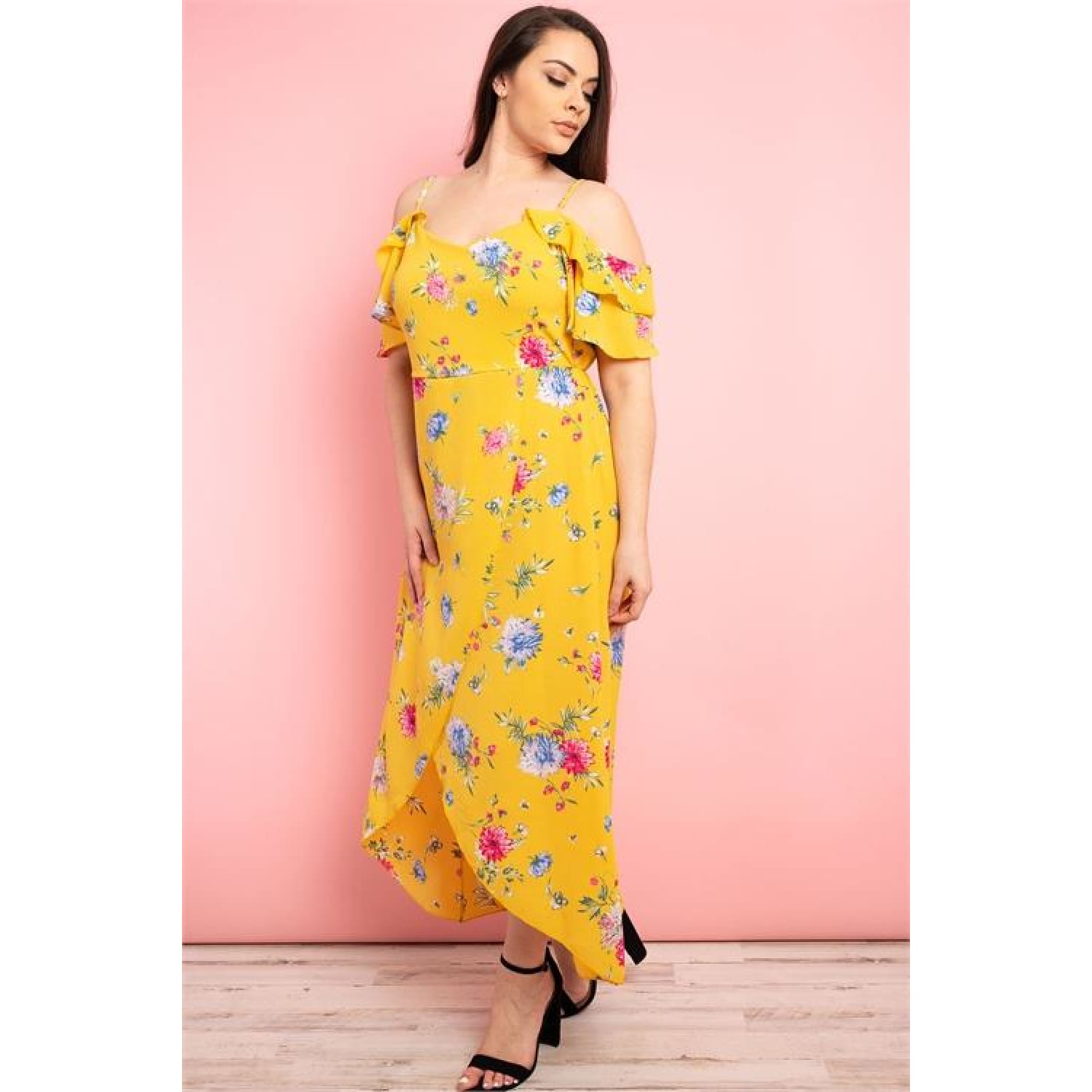 Yellow Floral Asymmetrical Plus Size Dress - DRESSES