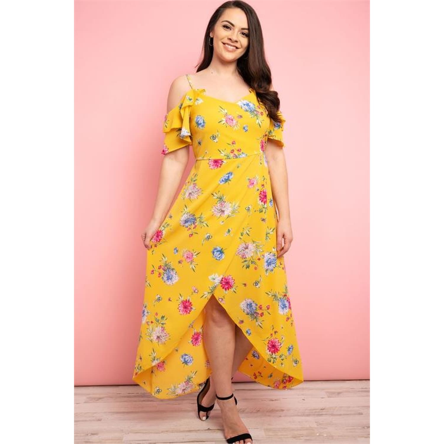 Yellow Floral Asymmetrical Plus Size Dress - DRESSES