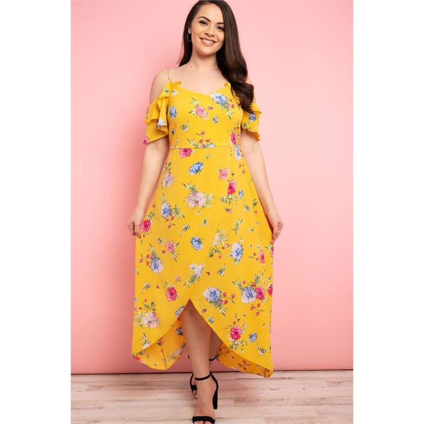Yellow Floral Asymmetrical Plus Size Dress - DRESSES